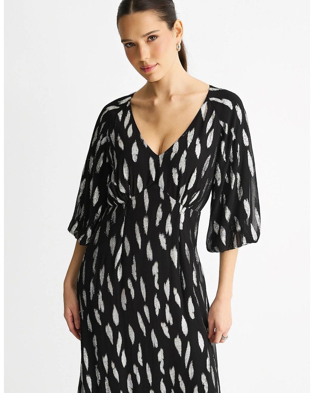 Gini London Black Viscose Clipped Balloon Sleeve Maxi Dress