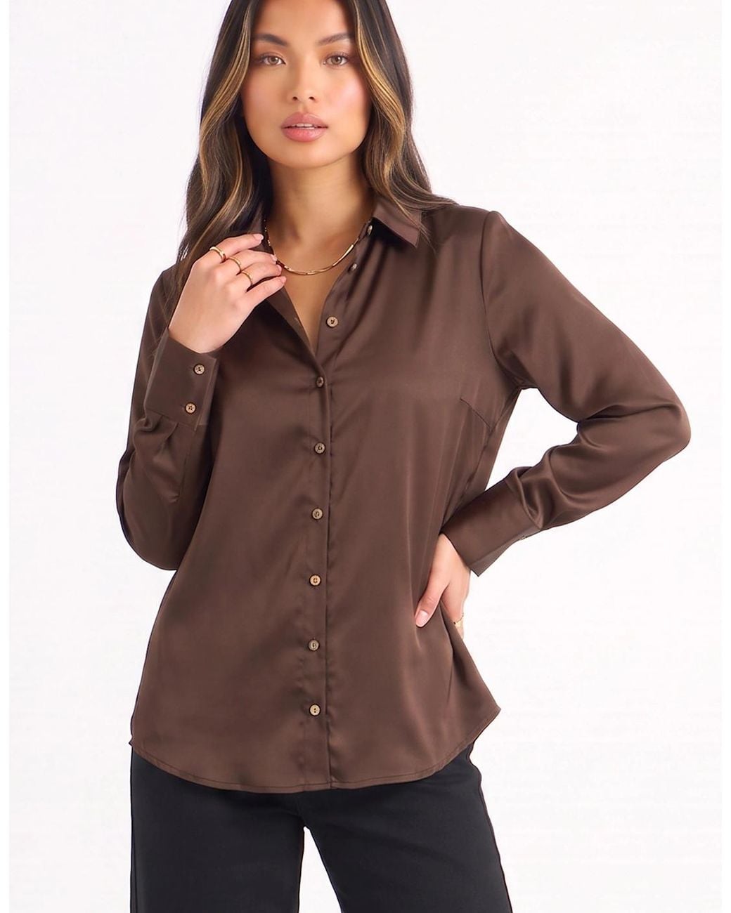 Gini London Brown Satin Loose Fit Button Through Shirt
