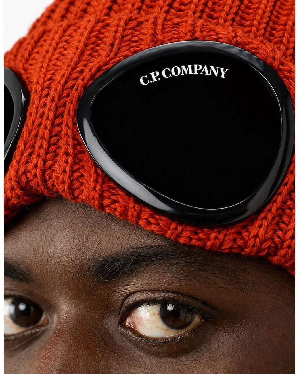 C P Company Red Extrafine Merino Wool Goggle Beanie for men