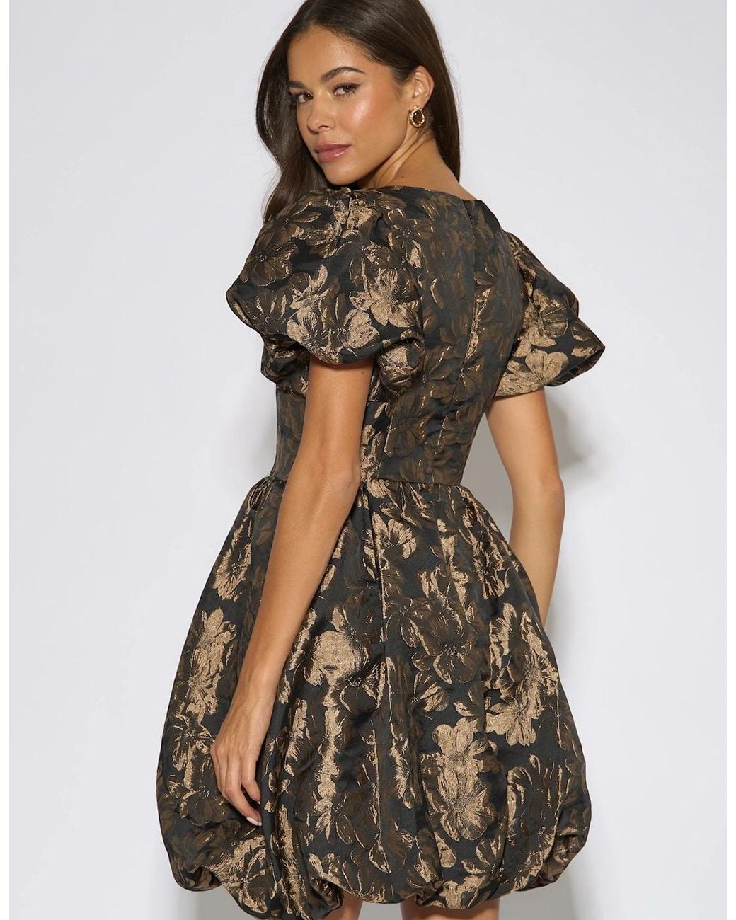 Gini London Brown Floral Jacquard Puff Ball Mini Dress