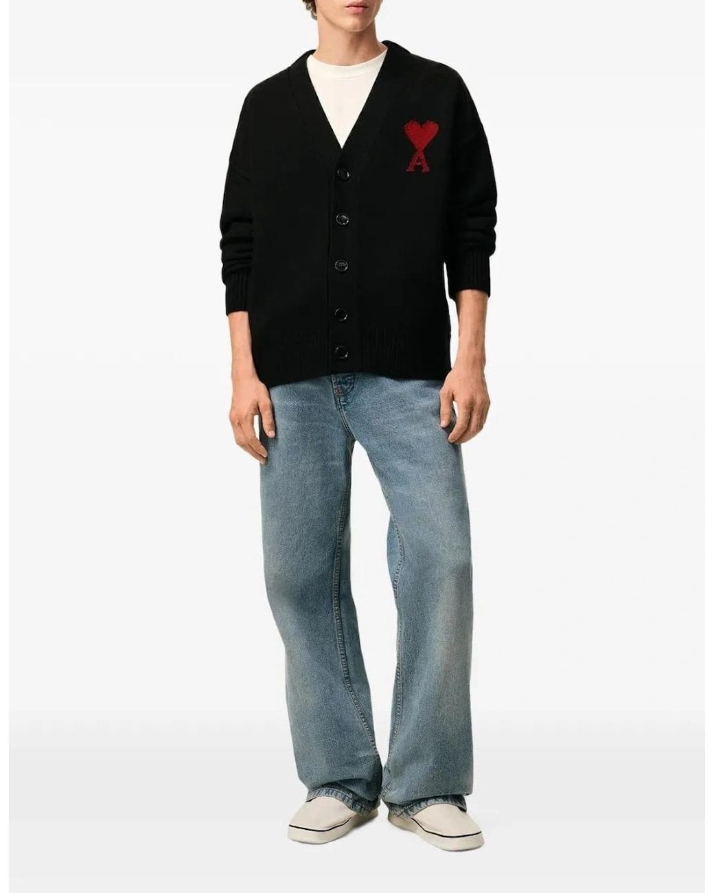 AMI Black Contrasted Ami De Coeur Cardigan for men