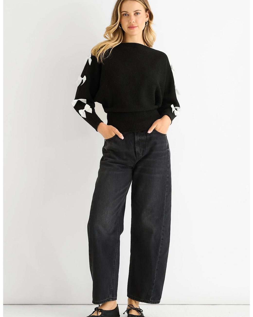 Gini London Black Slash Neck Crop Bow Knit Jumper
