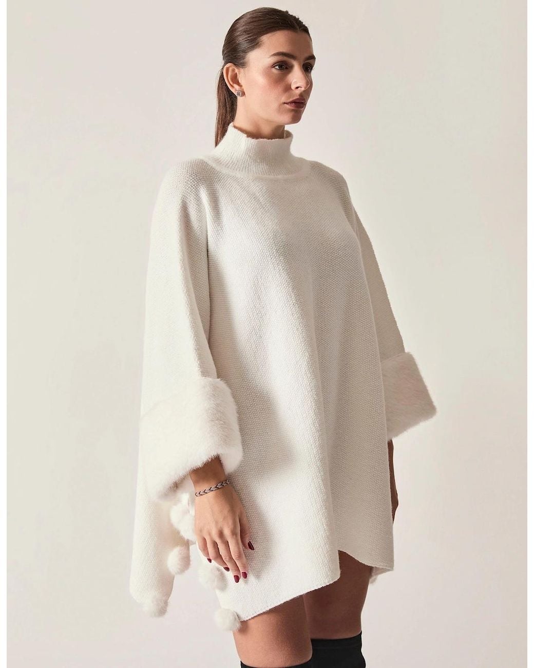 James Lakeland Natural Pom Pom Faux Fur Knit Poncho
