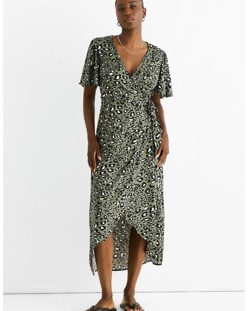 Gini London Green Khaki Animal Print Viscose Wrap Midi Dress