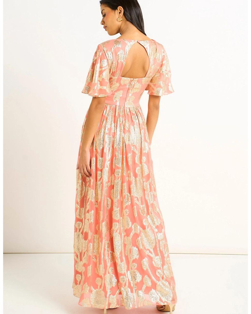Gini London Multicolor Metallic Jacquard Flutter Sleeves Floral Maxi Dress