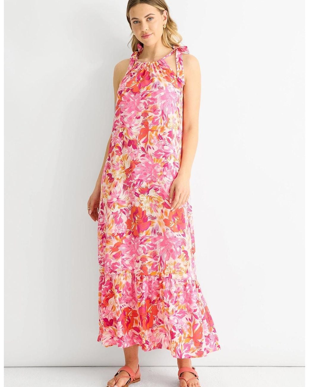 Gini London Pink Floral Tie Straps Trapeze Dress