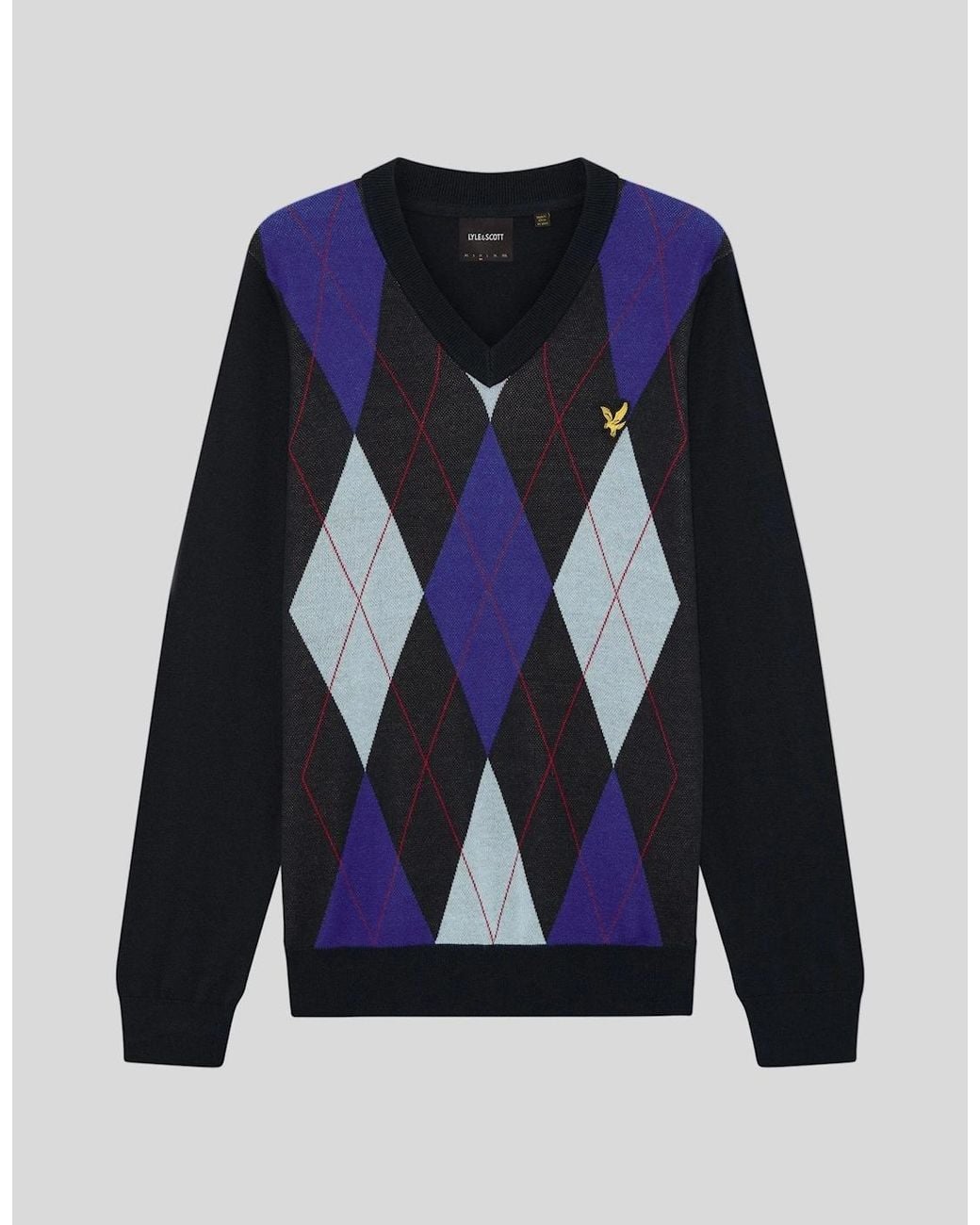 Lyle & Scott Blue Archive Argyle Knitted V-Neck Jumper for men