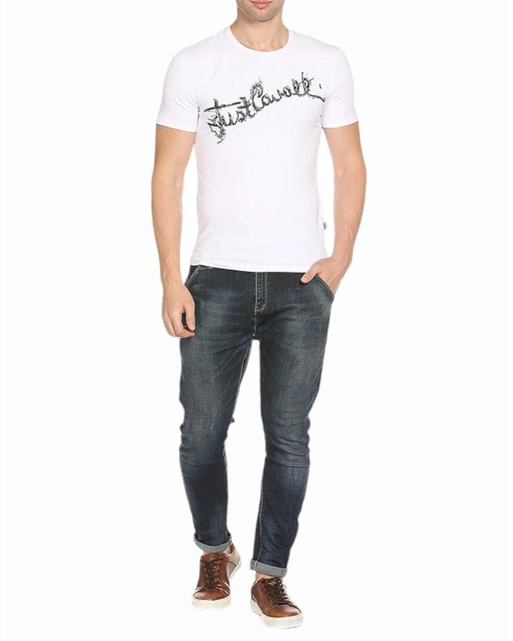 Just Cavalli White S03Gc0368 Printed T Shirts Crew Neck Summer Cotton Tee