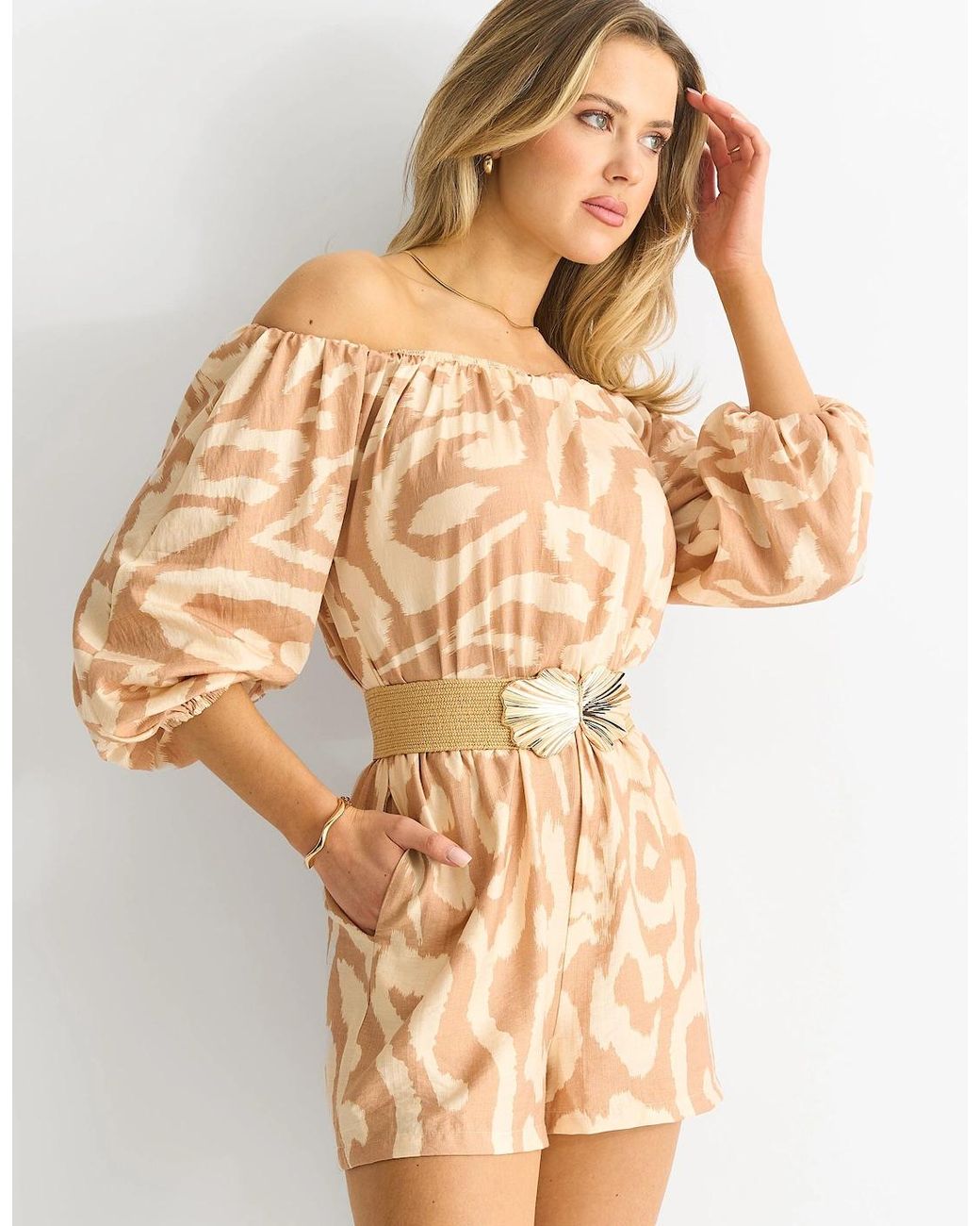 Gini London Natural Abstract Belted Bardot Viscose Playsuit