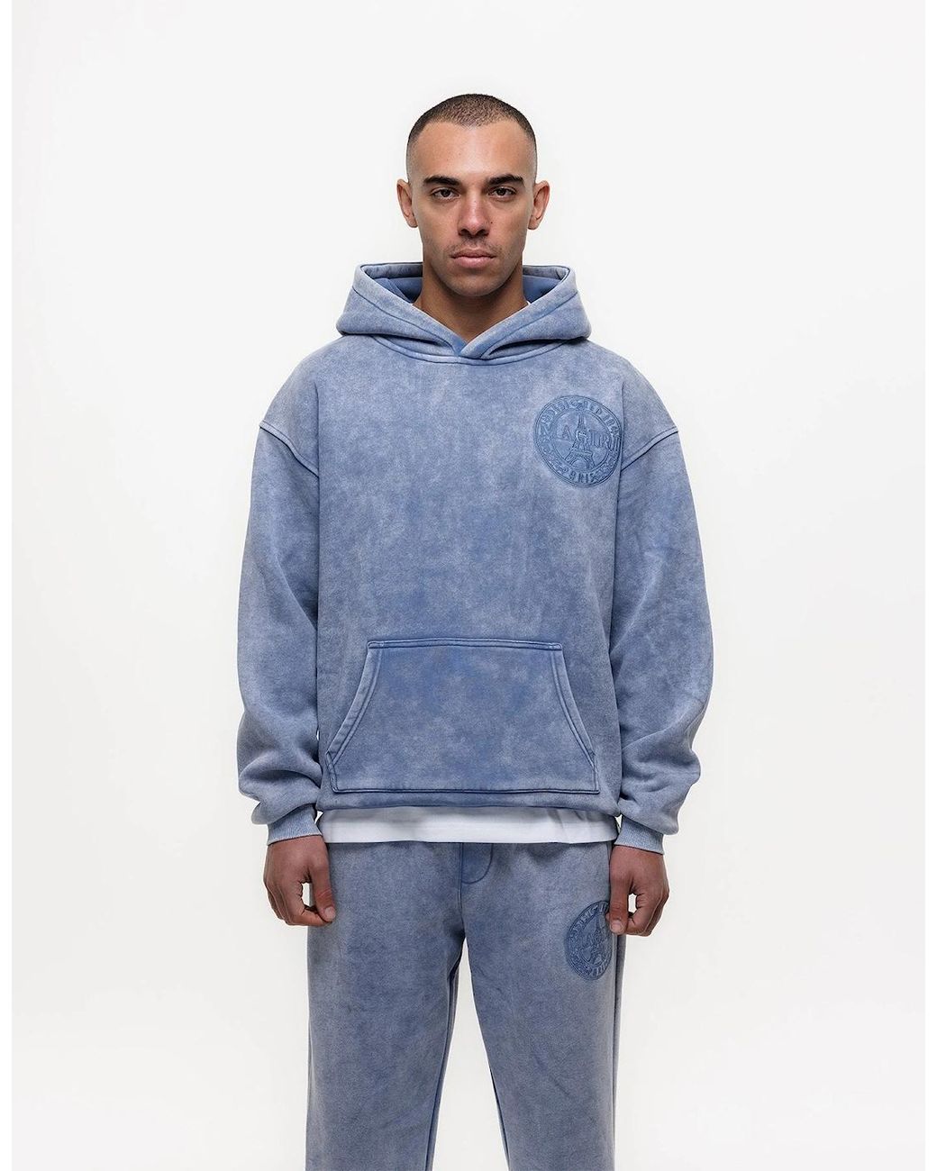 Magrit Blue Embroidered Acid Wash Hoodie & Jogger Tracksuit for men