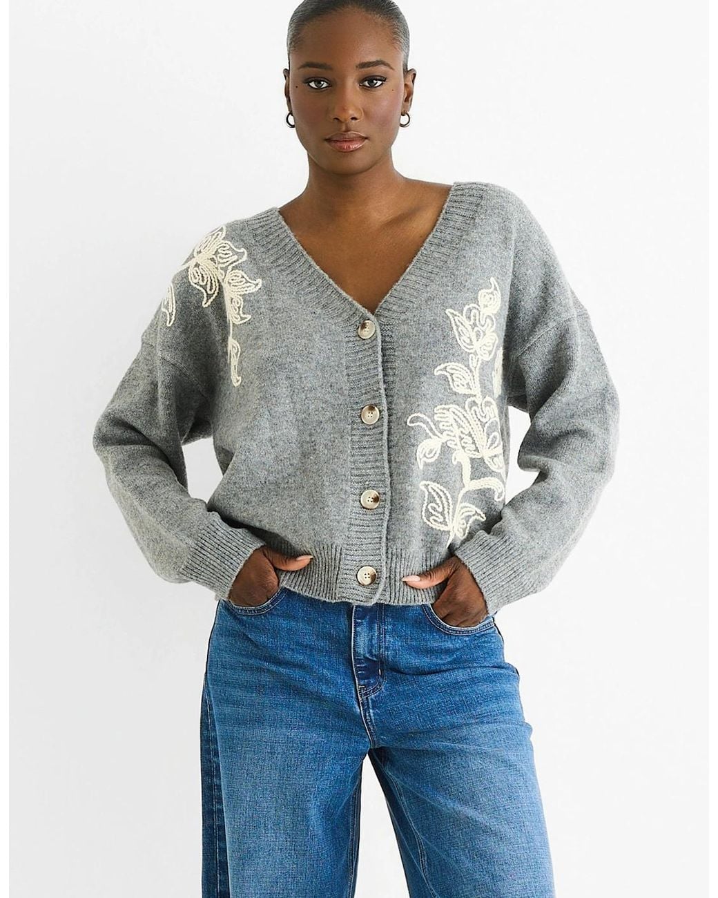 Gini London Blue Floral Appliqué Wool Mix Cardigan