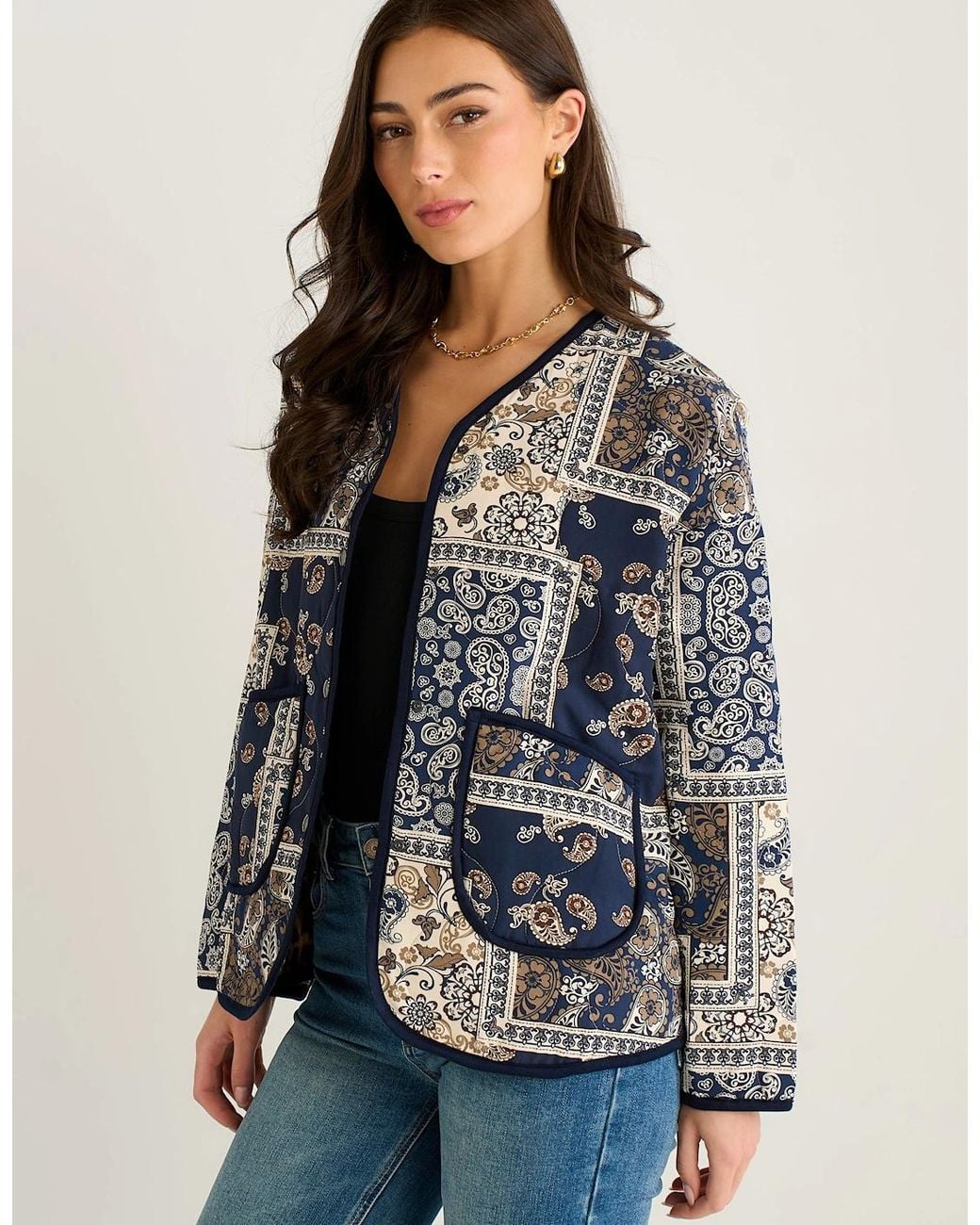 Gini London Blue Paisley Tile Print Lightweight Viscose Quilted Jacket