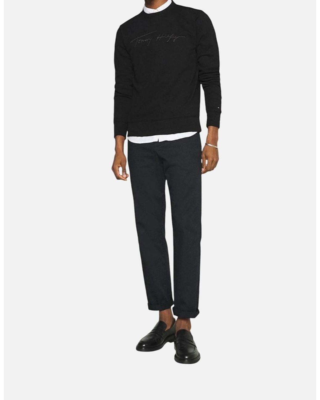 Tommy Hilfiger Black Sweatshirt Signature Embossed Logo Fleece Pullover Crew Neck for men