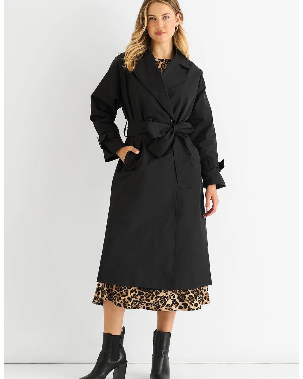 Gini London Black Double Breast Longline Belted Trench Coat