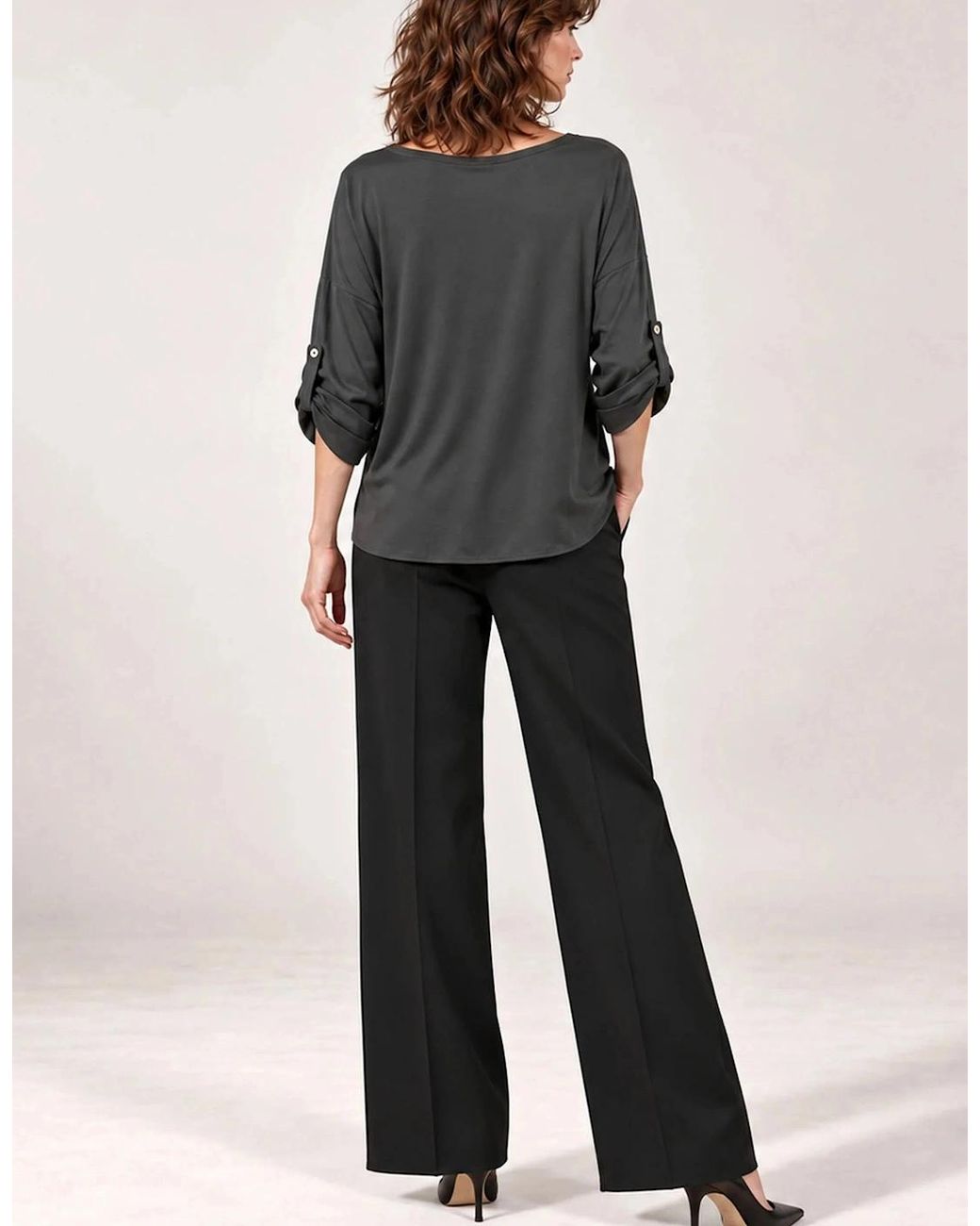 James Lakeland Black Charcoal Satin V-Neck Blouse
