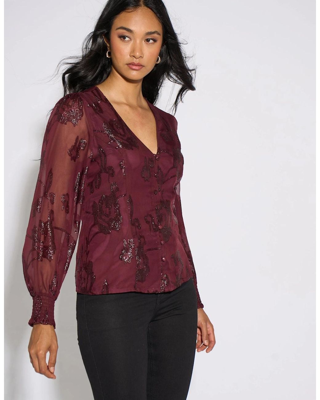Gini London Red Plum Floral Sparkle Jacquard Blouse