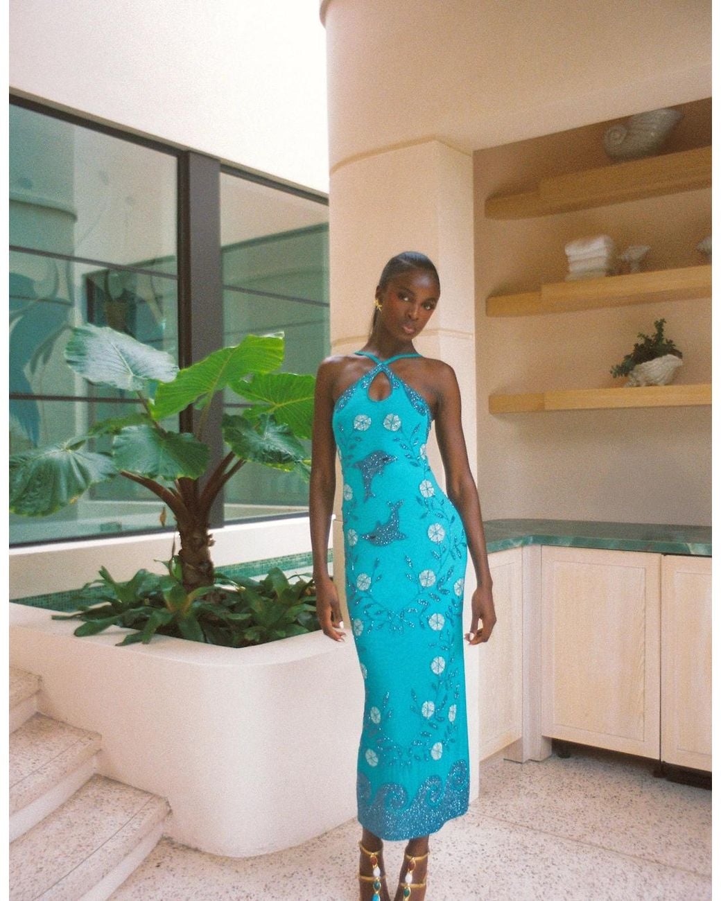 Oceanus Blue Dolphin Aqua Halterneck Hand Beaded Maxi Dress