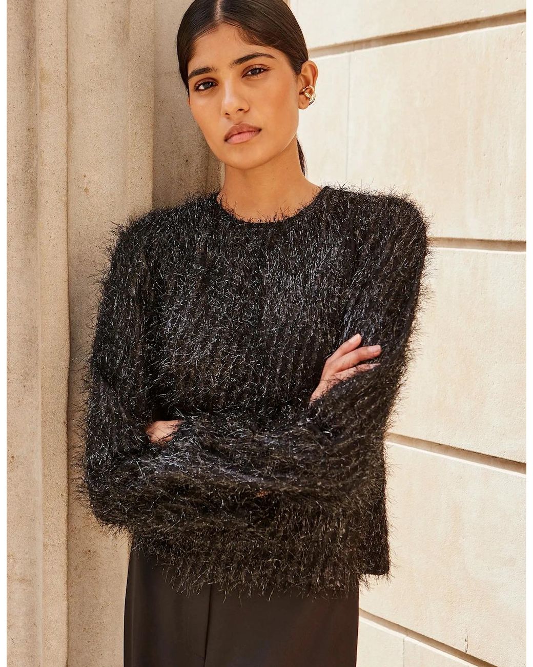 Ro&zo Black Tinsel Long-Sleeved Top