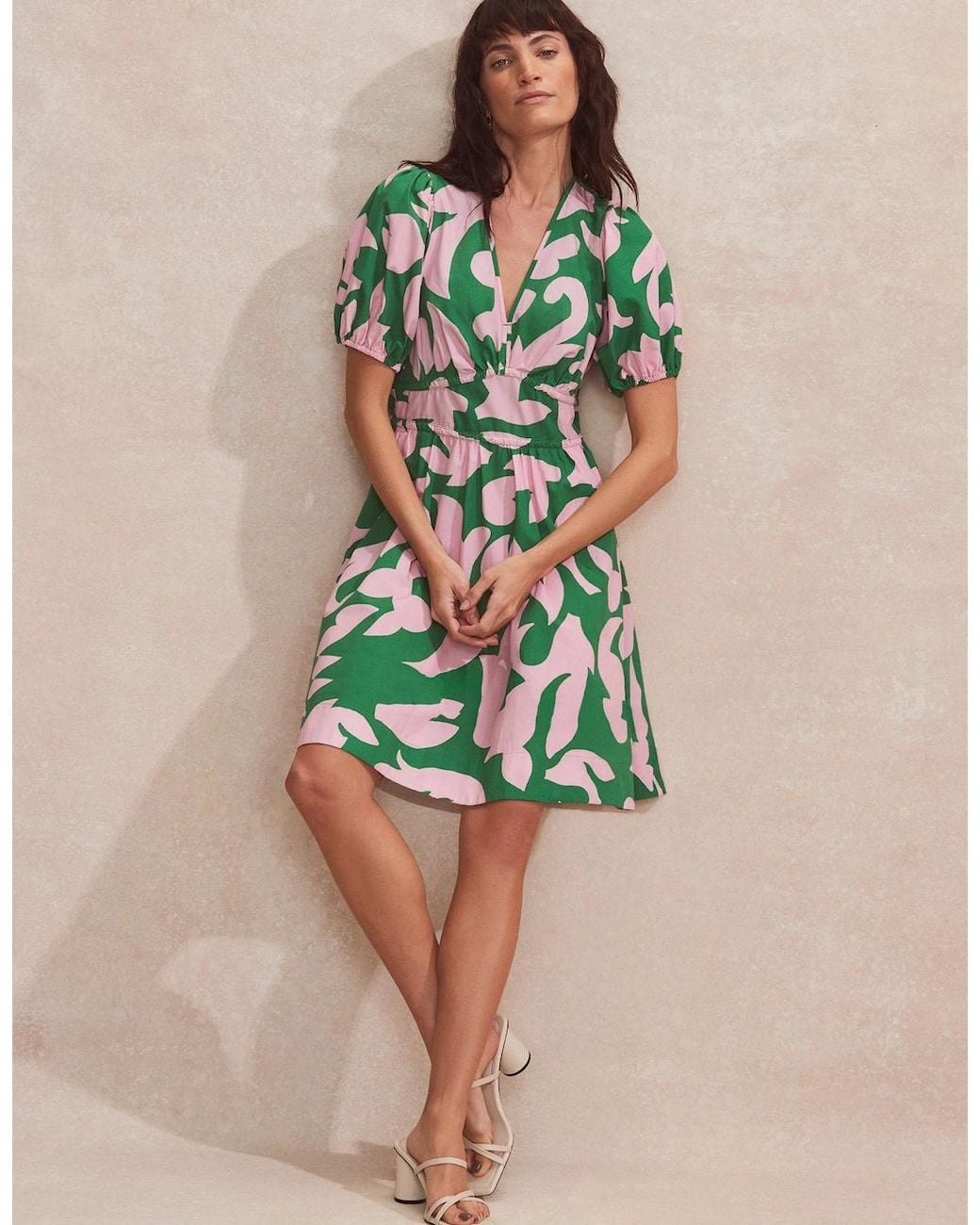 Ro&zo Green And Abstract-Print Puff-Sleeve Mini Dress