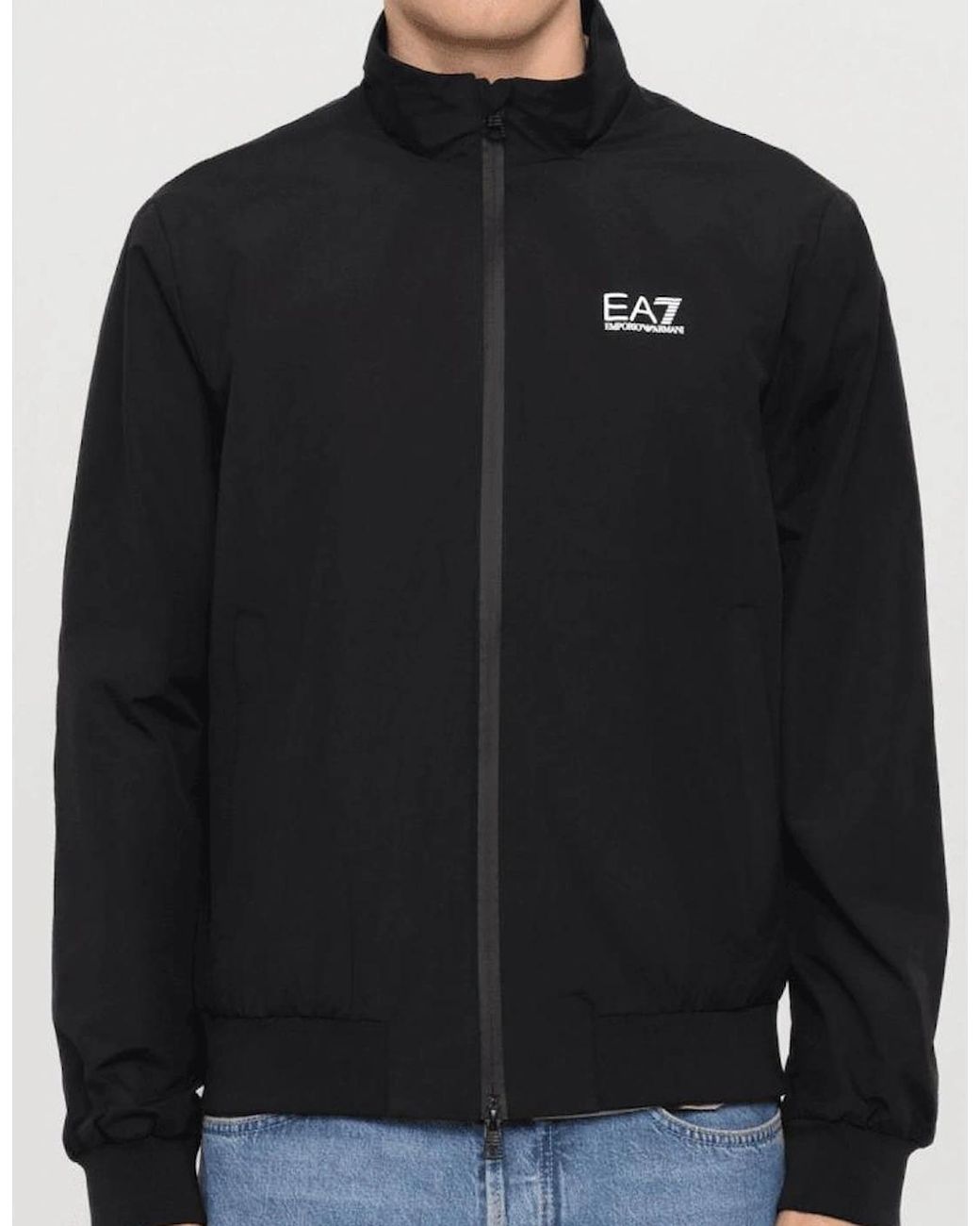 EA7 Black Funnel Neck Zip Up Jacket for men