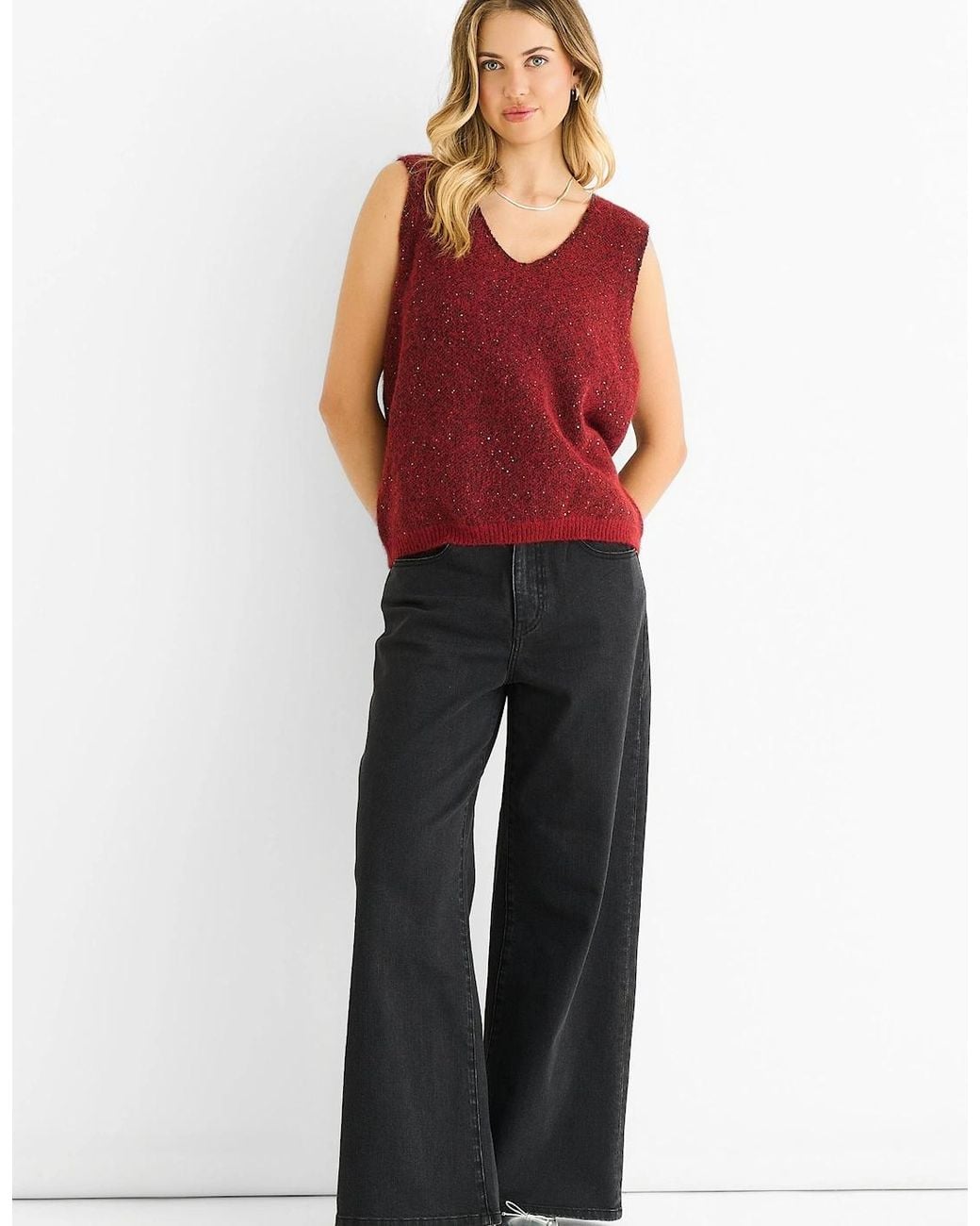 Gini London Red Sequin Sparkle V Neck Vest Knit Jumper