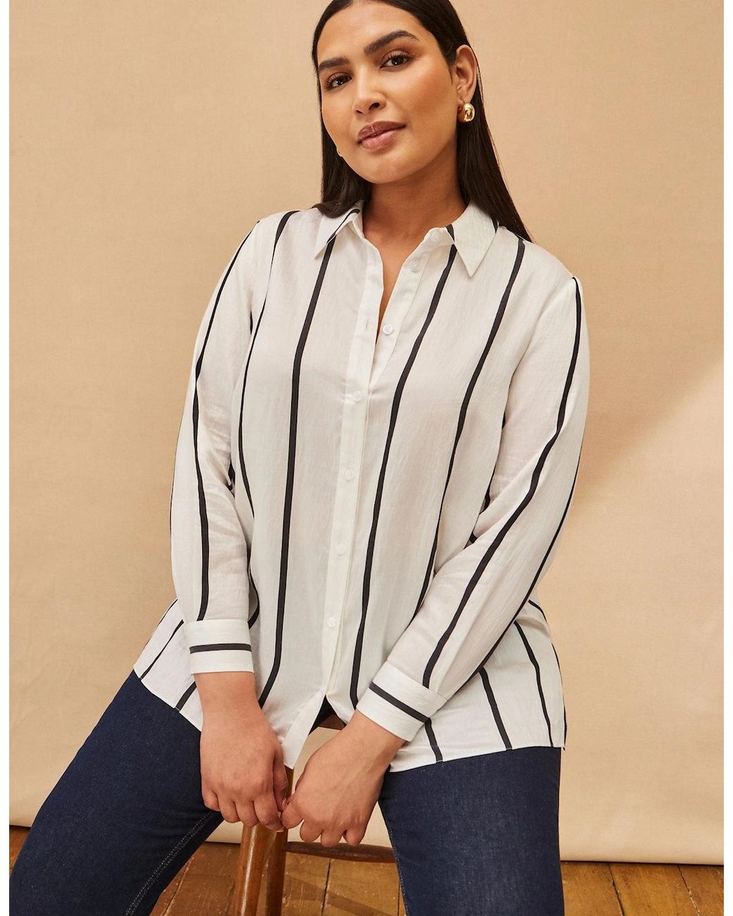 Live Unlimited London Natural And Stripe Long Sleeve Shirt