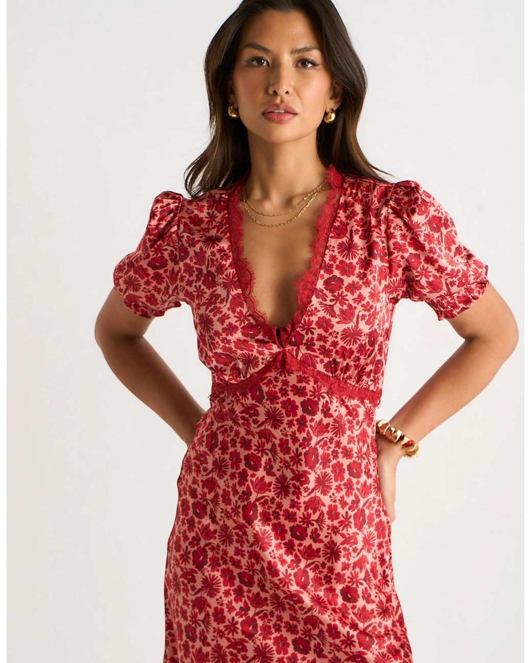 Gini London Red Floral Lace Trim V Neck Midi Dress