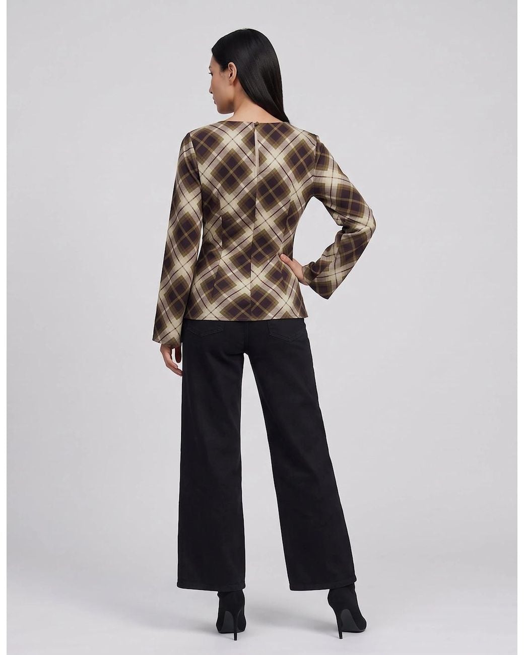 Gini London White Khaki Check Cowl High Neck Ruched Side Blouse