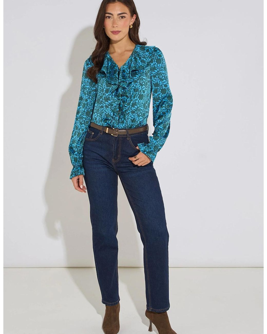 Gini London Blue Floral Print Ruffle Front Blouse