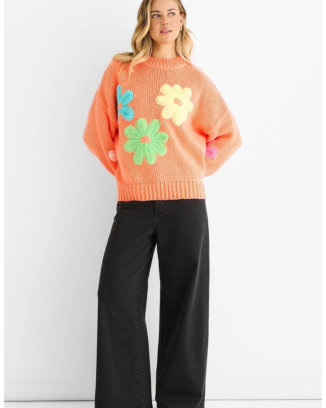 Gini London Blue Floral Crochet Chunky Knit Oversized Jumper