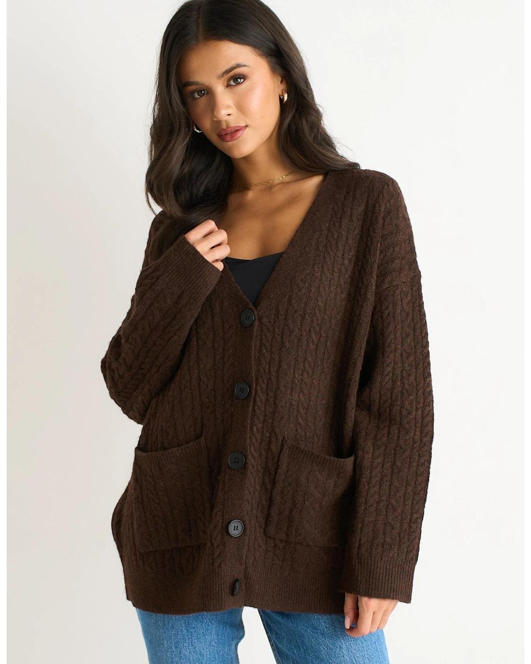 Gini London Brown Textured Knit Long Sleeve Pocket Cardigan