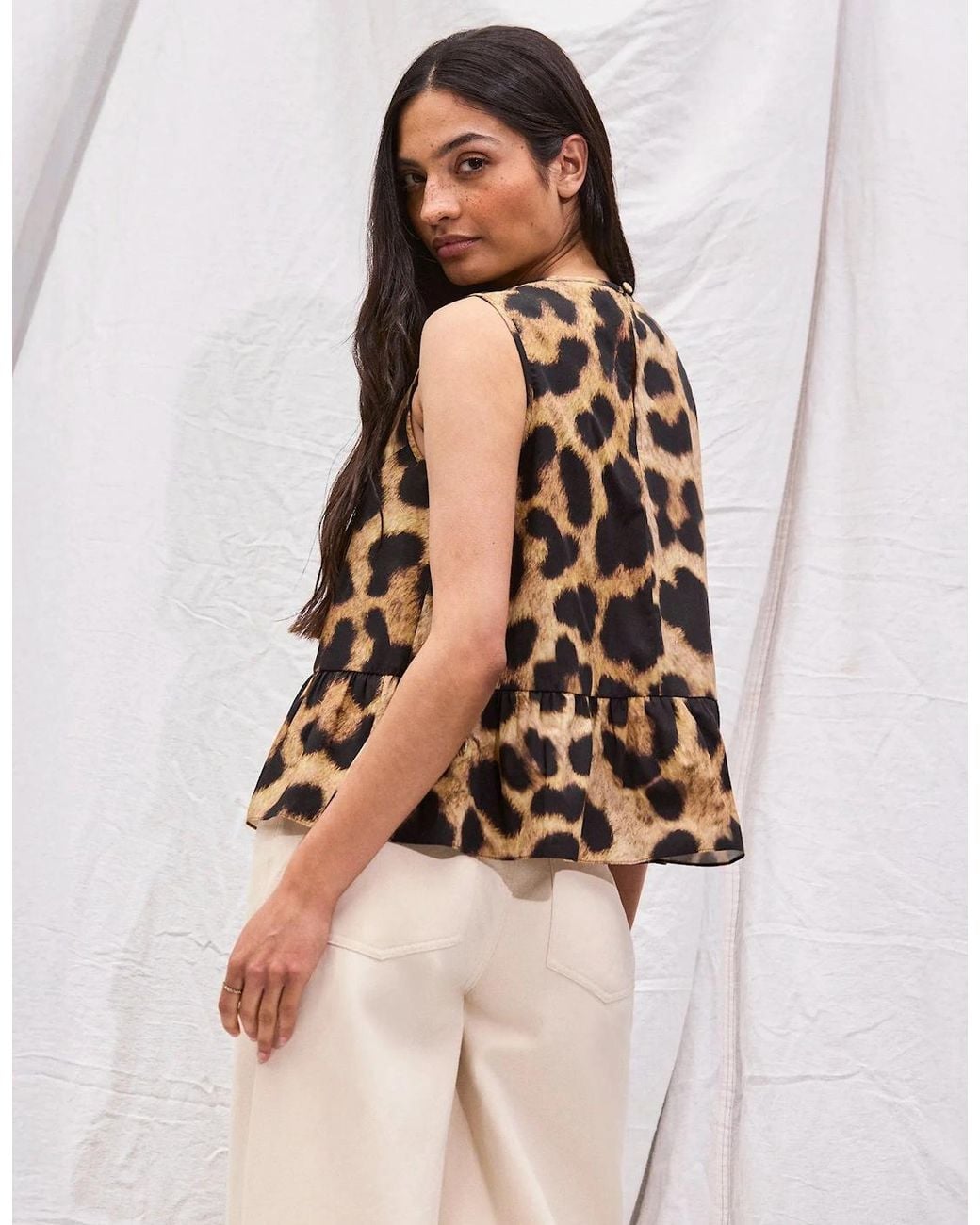Ro&zo White Leopard-Print Cotton Peplum Top