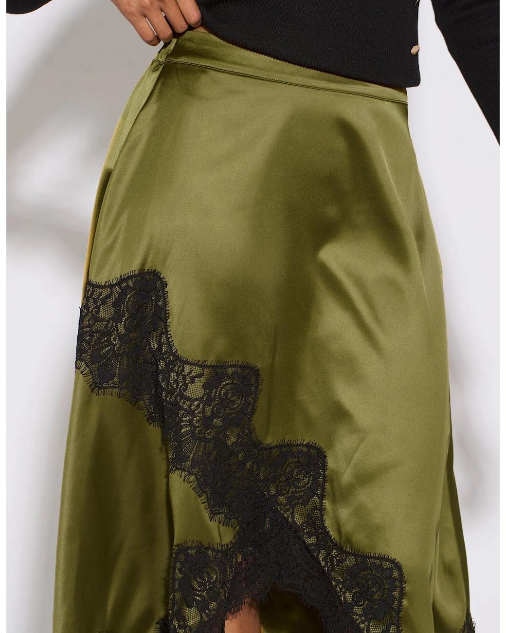 Gini London Natural Khaki Satin Asymmetric Hem Contrast Lace Skirt