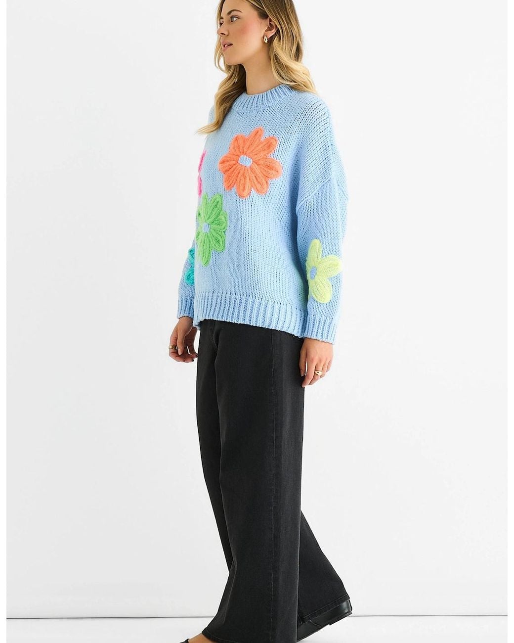 Gini London Blue Floral Crochet Chunky Knit Oversized Jumper