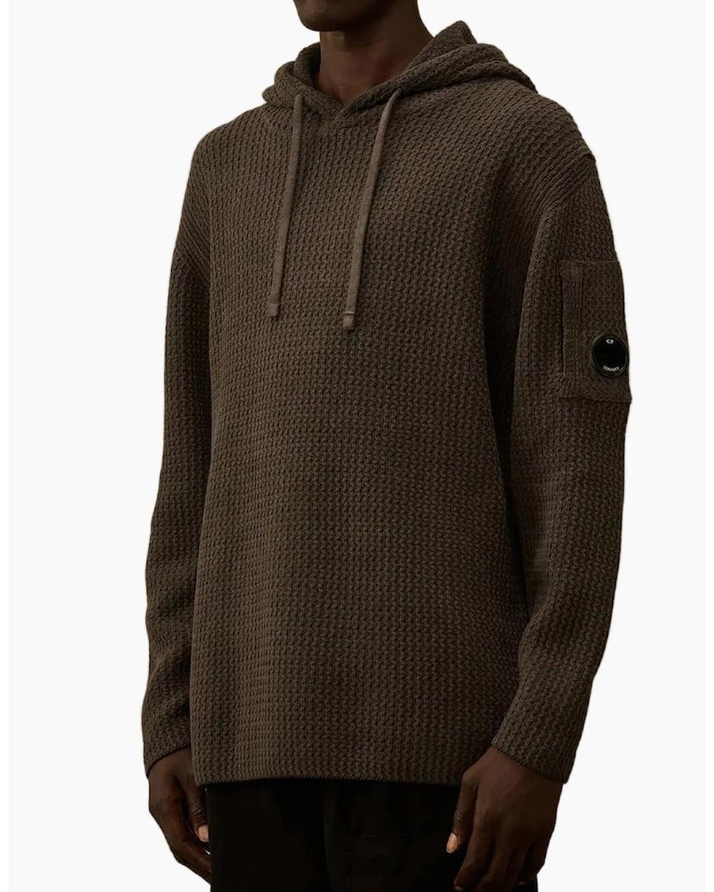 C P Company Brown Chenille Waffle Knit Lens Hoodie for men