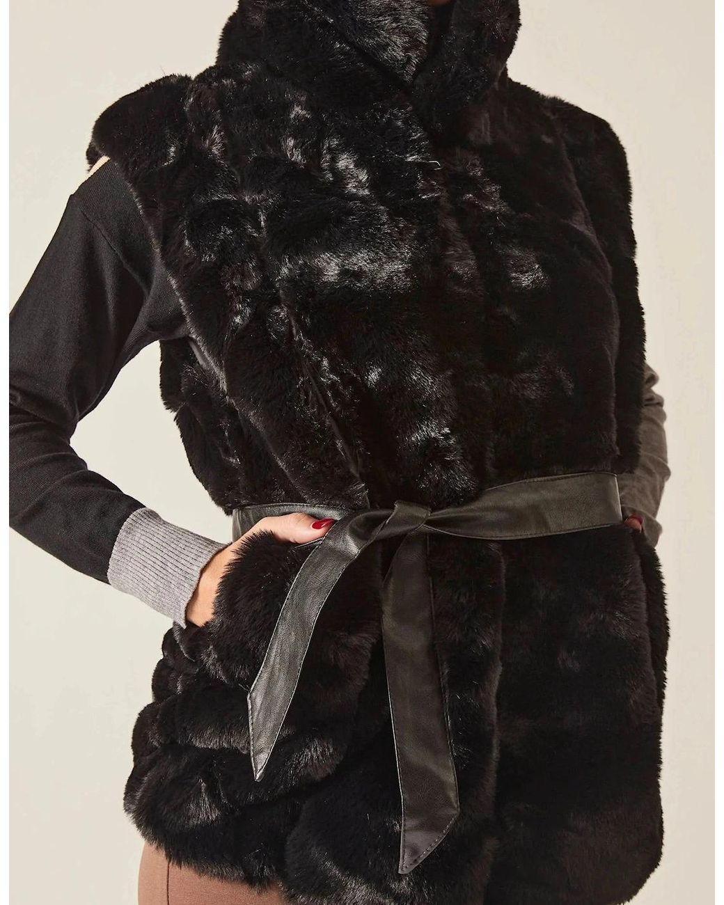 James Lakeland Black Faux-Fur Belted Gilet