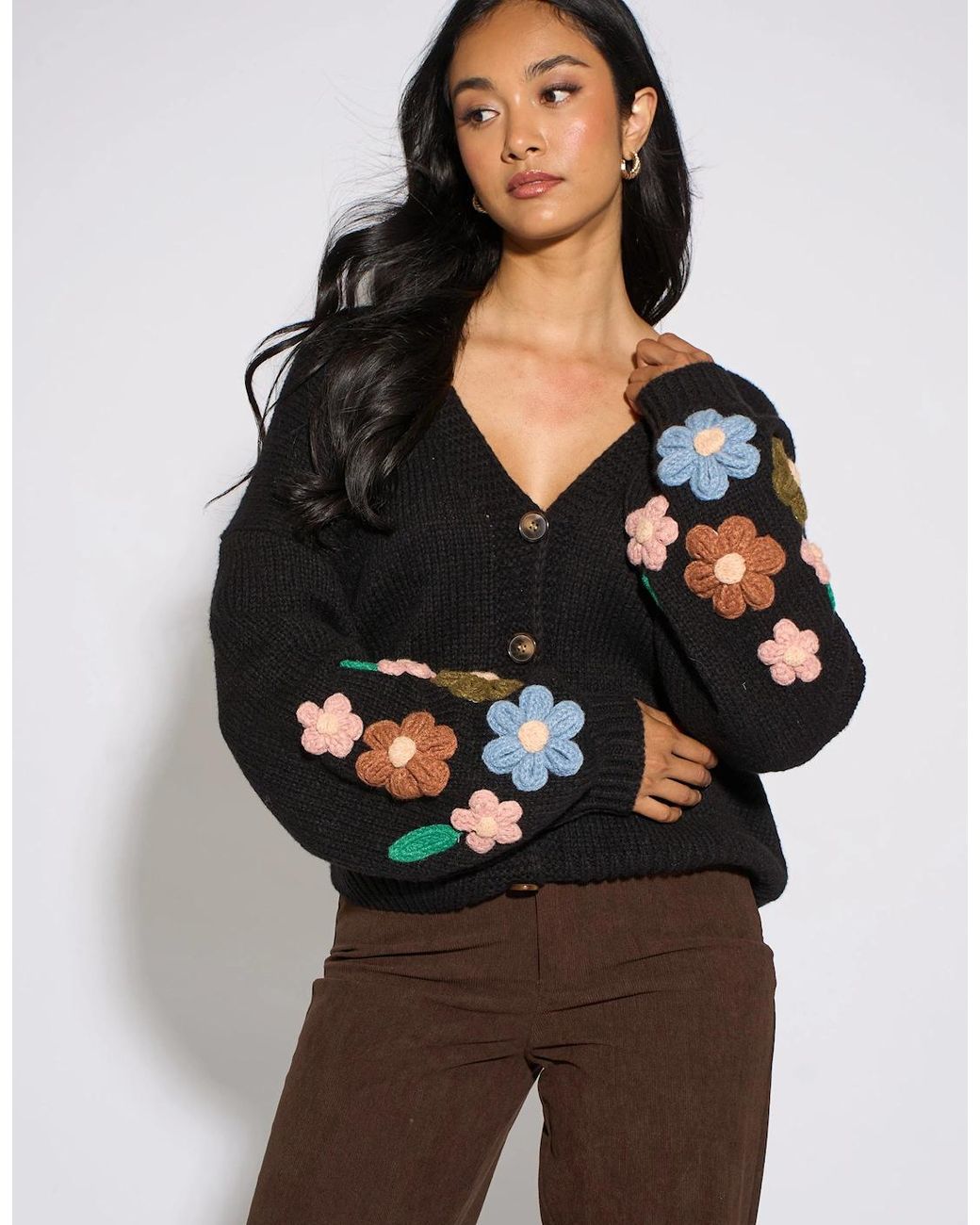 Gini London Black 3D Floral Sleeves Knit Cardigan