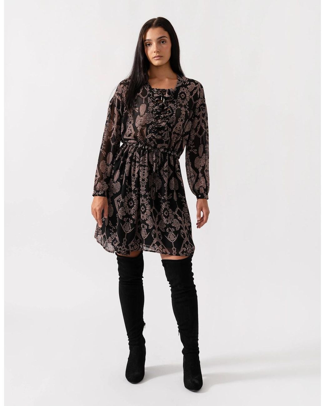 Maison Scotch Black Printed Sheer Lace Up Oversized Dress