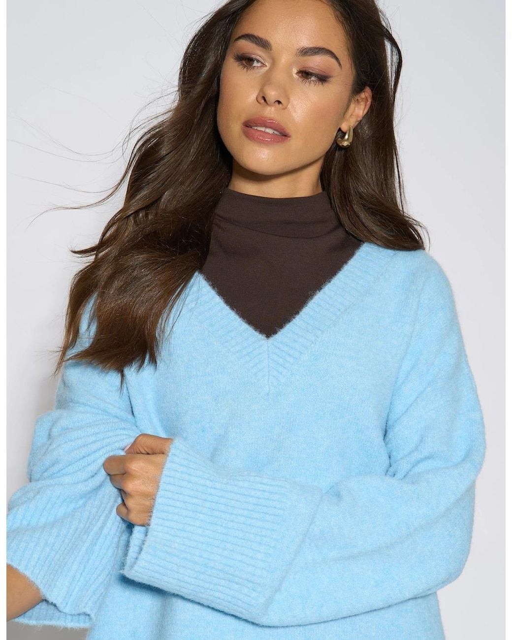 Gini London Blue Bright V Neck Recycle Mix Knit Jumper
