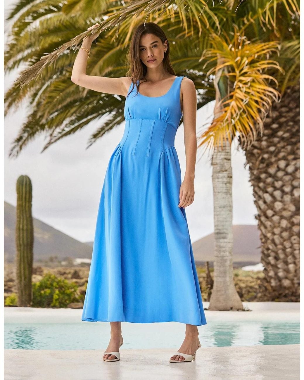 Ro&zo Blue Waist Detail Dress With Linen