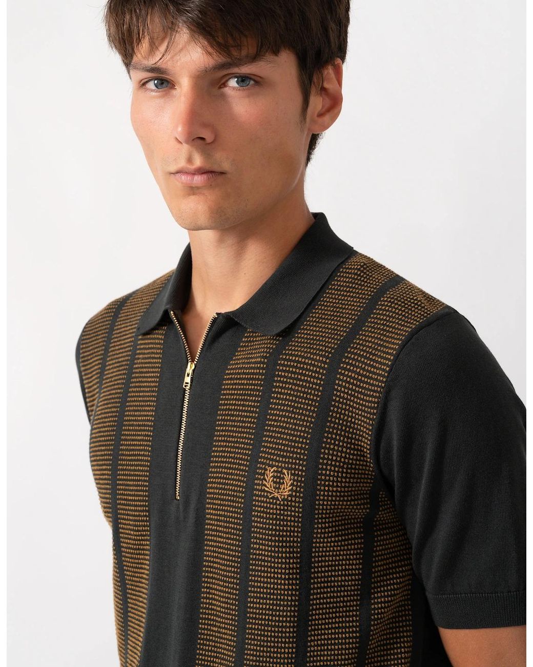Fred Perry Black Textured Panel Knitted Polo Shirt for men