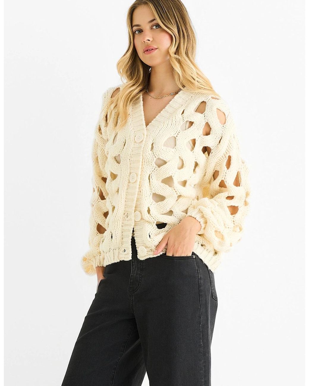 Gini London Natural Hollow Chunky Knit Cardigan