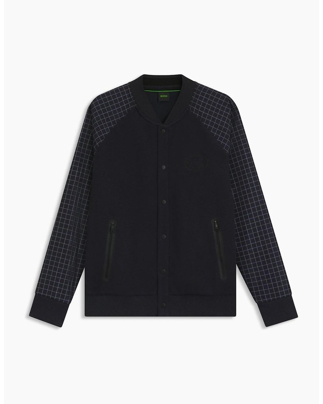 Boss Blue Checkerboard Patterned Full Zipper Bomber Jacket With Ribbed Cuff for men