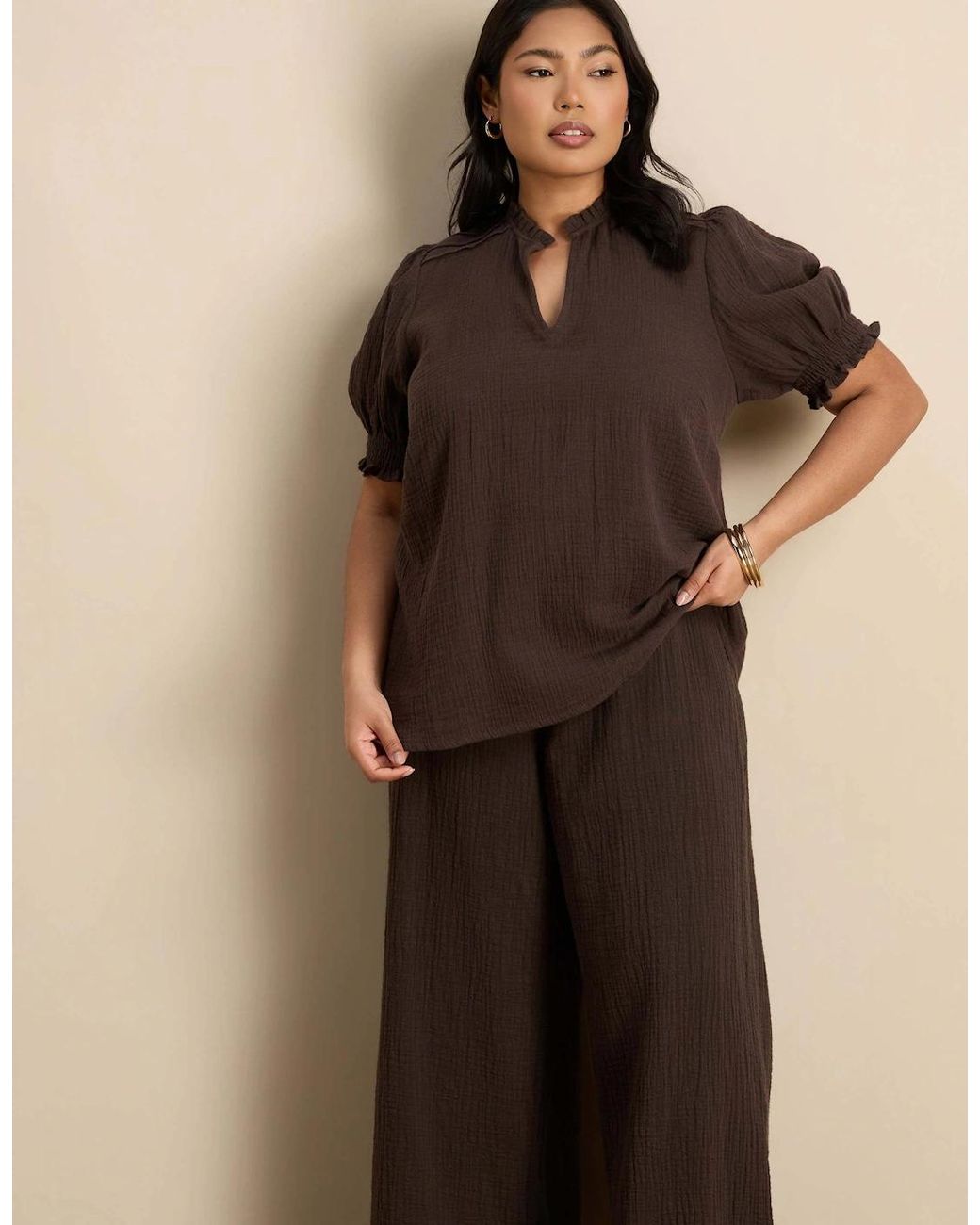 Live Unlimited London Brown Chocolate Cheesecloth Wide Leg Trouser