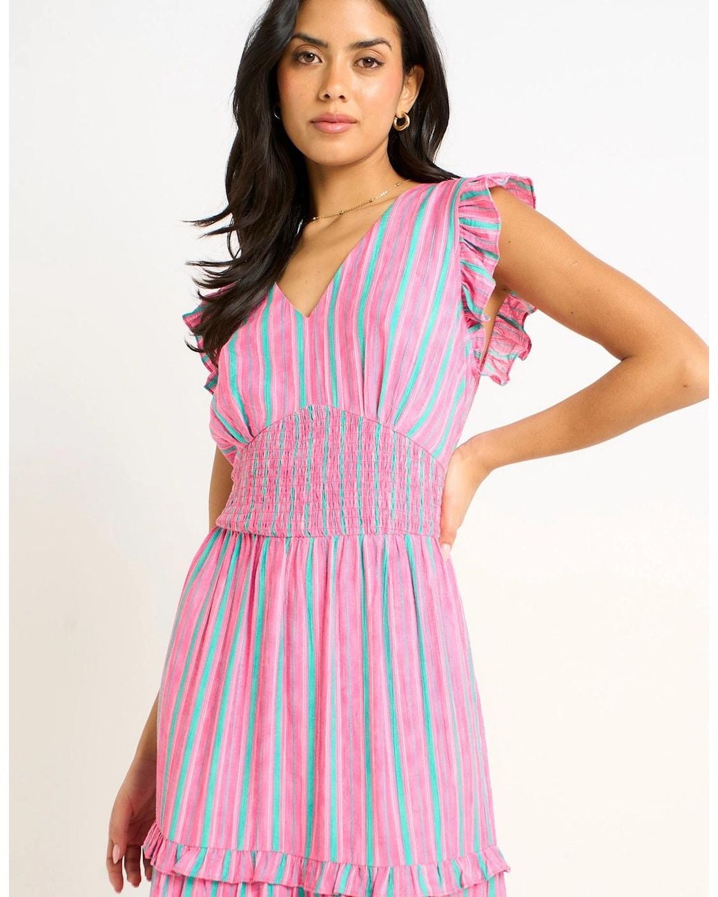 Gini London Pink Summer Stripe Shirred Waist Maxi Dress