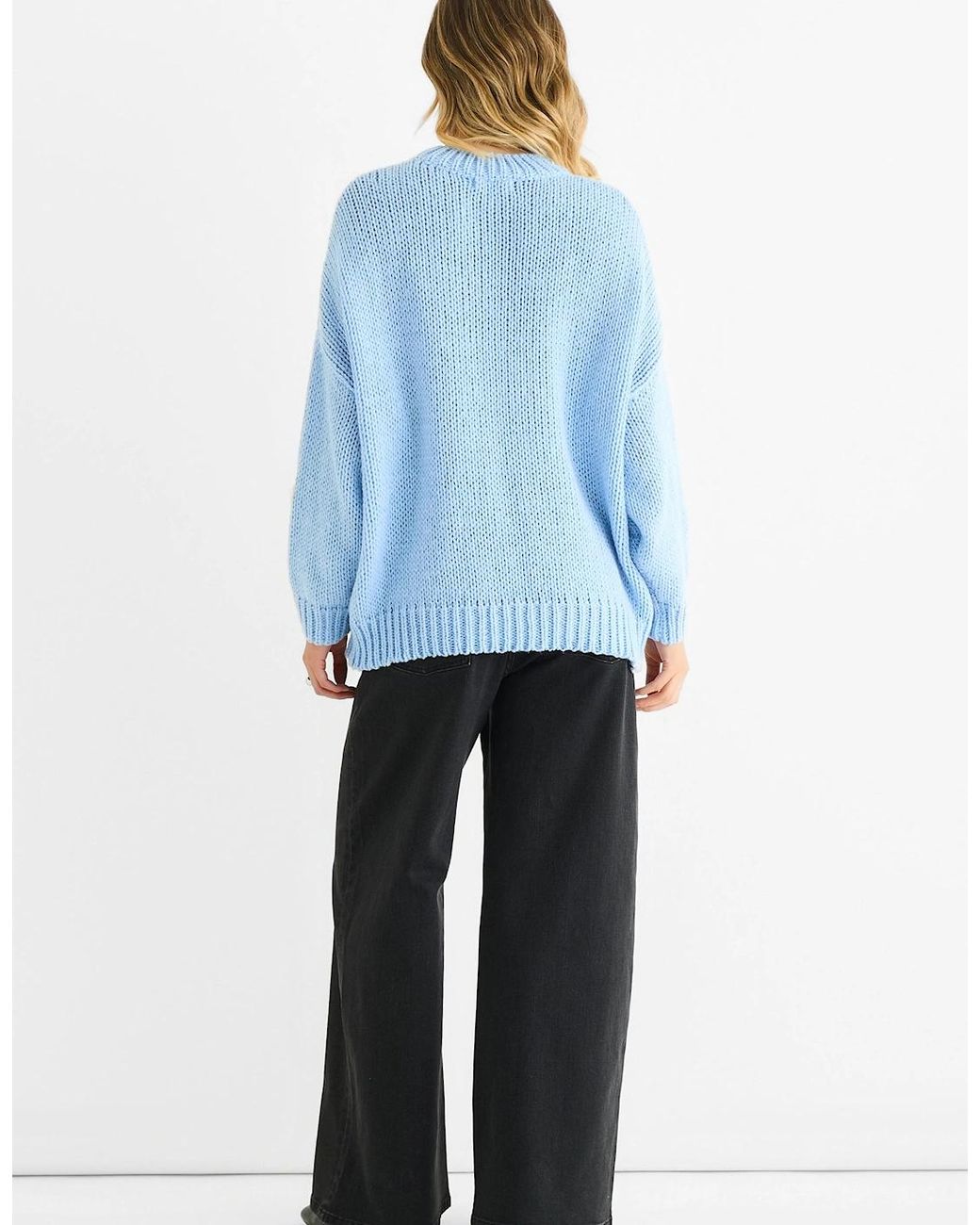 Gini London Blue Floral Crochet Chunky Knit Oversized Jumper