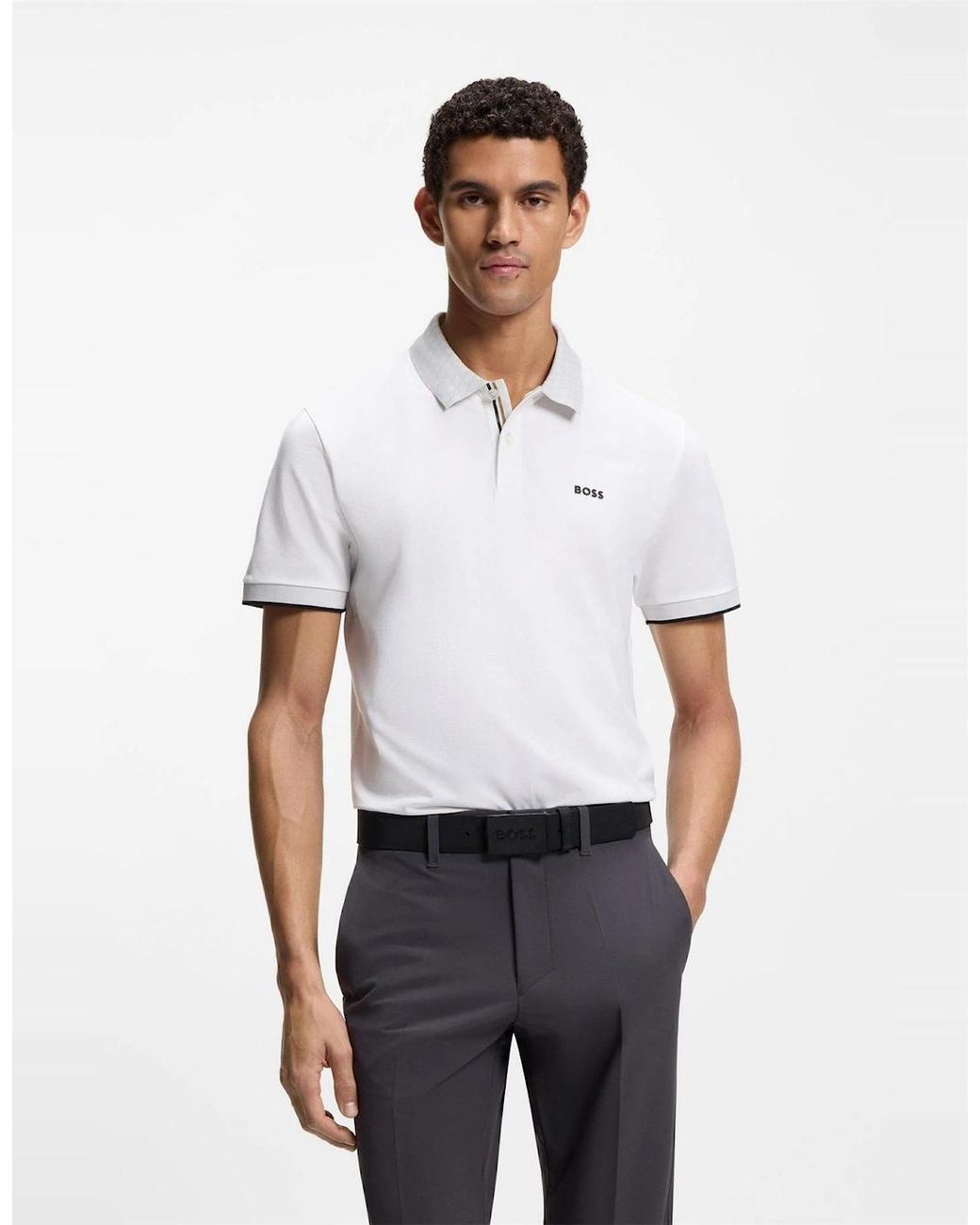 Boss White Wordmark Collared Neck Short Sleeve Regular Fit Polo Shirt for men