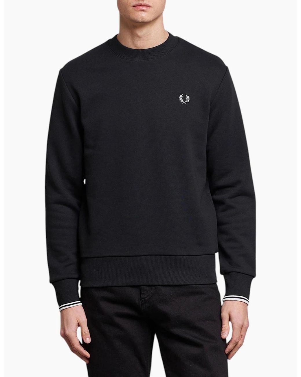 Fred Perry Black Crew Neck Sweatshirt Embroidered Logo Pullover Cotton for men