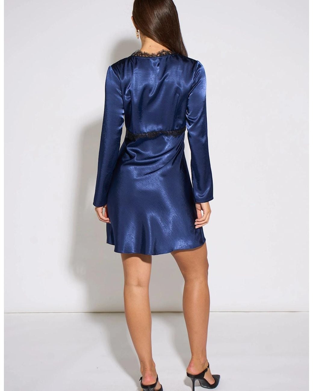 Gini London Blue Satin Contrast Lace Trim Mini Dress