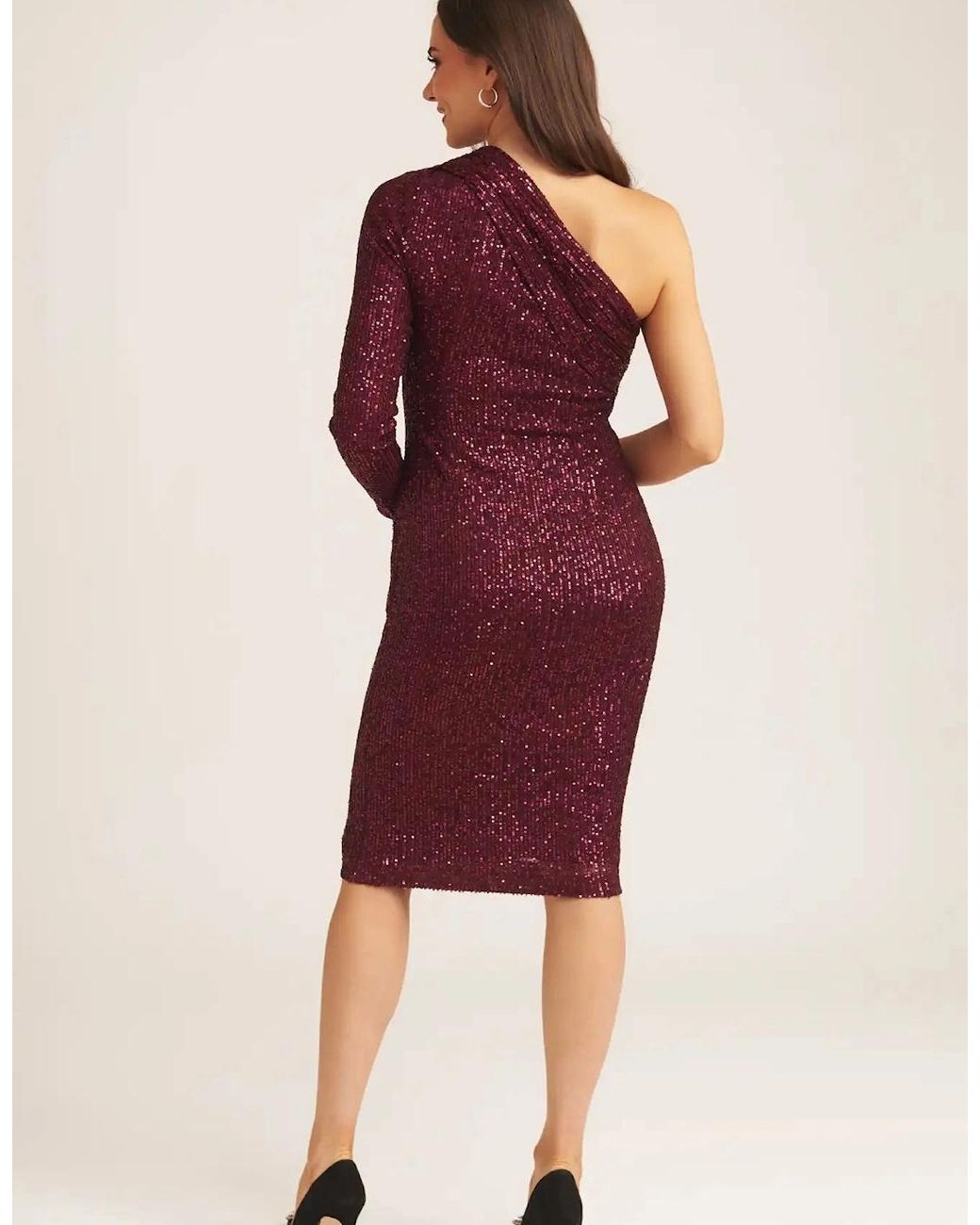 Gini London Red Plum One Shoulder Draped Sequin Midi Dress